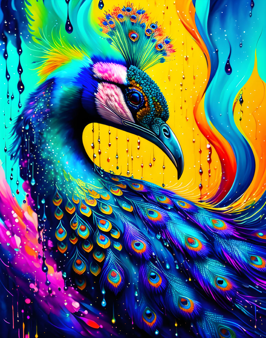 Colorful Peacock Digital Art with Dripping Paint Effects