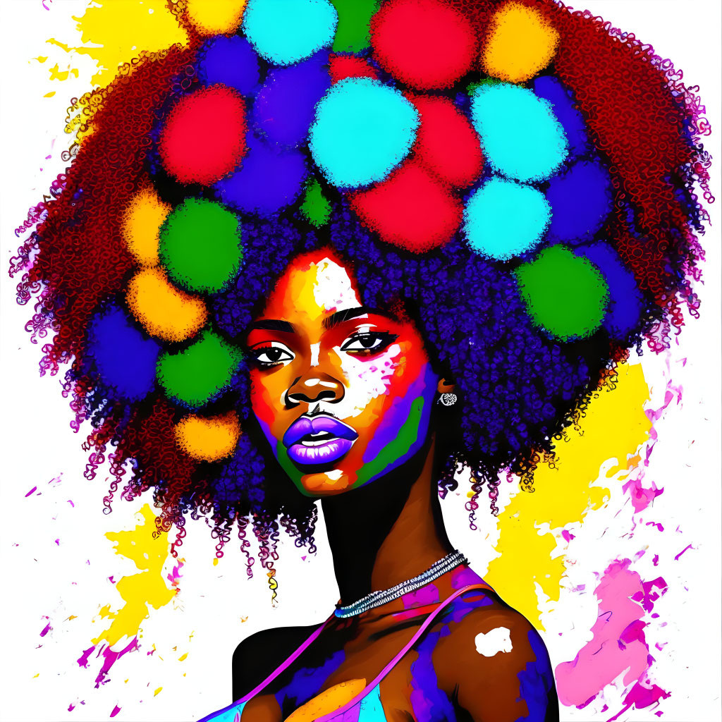 Colorful Afro Woman Artwork with Bold Circular Patterns on Yellow Background