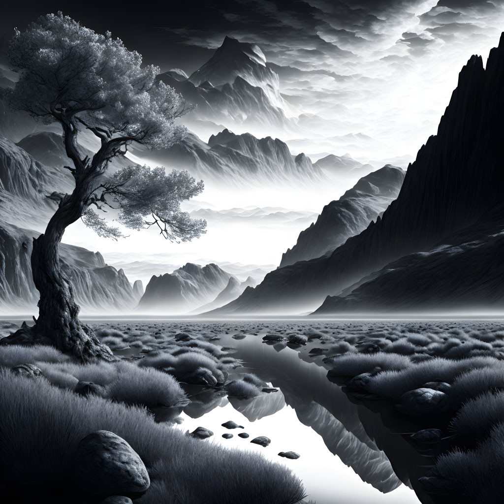 Monochrome landscape with solitary tree, river, rocks, mountains, and shaded sky