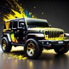 Dynamic Black and Yellow Jeep with Paint Splash Effects