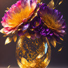 Gold-accented vase with vibrant purple and gold flowers in 3D illustration