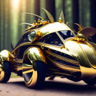 Steampunk-inspired golden vehicle with insect-like wings in forested setting