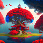 Colorful Treehouse Illustration Surrounded by Giant Red Trees