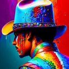 Colorful portrait of person in melting paint-dripping hat and suit