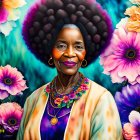 Colorful Woman Portrait with Afro and Floral Accessories