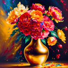 Colorful Peony Bouquet in Golden Vase on Dynamic Background