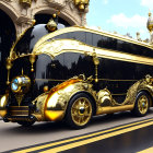 Luxurious Black and Gold Designed Bus with Ornate Decorations parked in Urban Setting