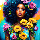 Colorful painting of woman with flowers in hair and dress in vivid blues, yellows, and p