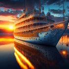 Cruise ship sailing on calm water at sunset