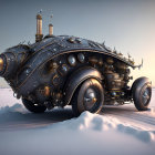 Steampunk-inspired vehicle with golden wheels in snowy landscape.