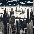 Monochromatic city skyline art with skyscrapers, clouds, birds, and water reflection