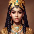 Digital portrait of woman in Ancient Egyptian headdress and gold jewelry