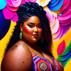 Colorful digital portrait of a woman with swirling patterns, styled hair, makeup, tattoos, and jewelry