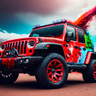 Customized Jeep with Red Wheels and Paint Splatter Design