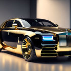 Luxurious Black and Gold Rolls-Royce with Shining Alloy Wheels and Illuminated Grille