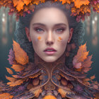 Digital Artwork: Woman with Autumn Leaves and Peacock Feather Collar