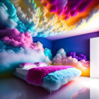 Colorful Rainbow Ceiling Bedroom with White Bed & Fuzzy Pillows