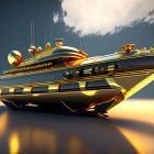 Futuristic golden yacht with antennas on reflective surface at sunset