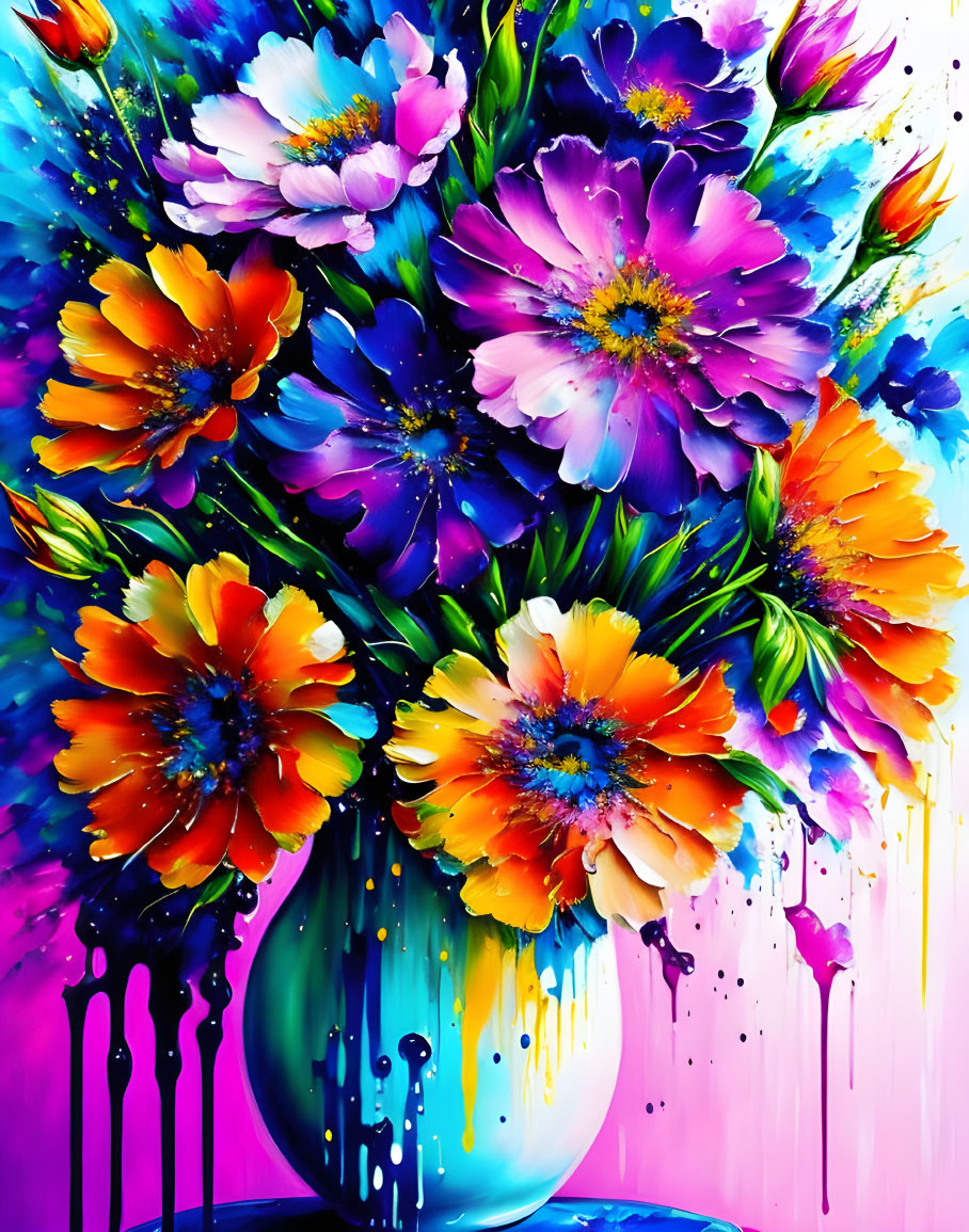 Colorful Flowers in Blue Vase Painting with Dripping Paint Details