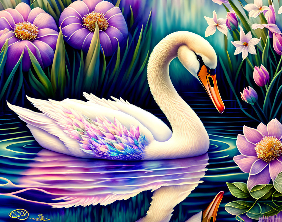 Colorful Swan Illustration Gliding on Water with Flowers