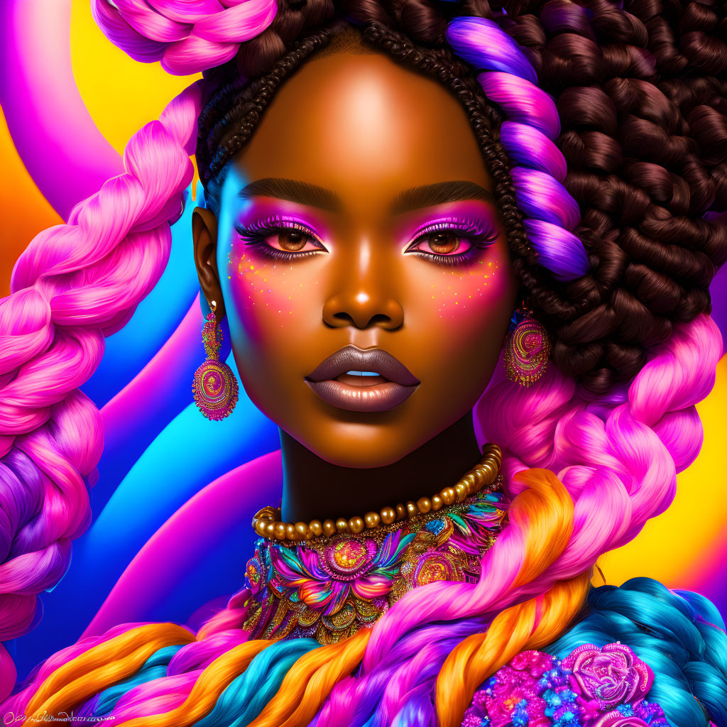 Colorful makeup and intricate braids on a woman in a digital portrait