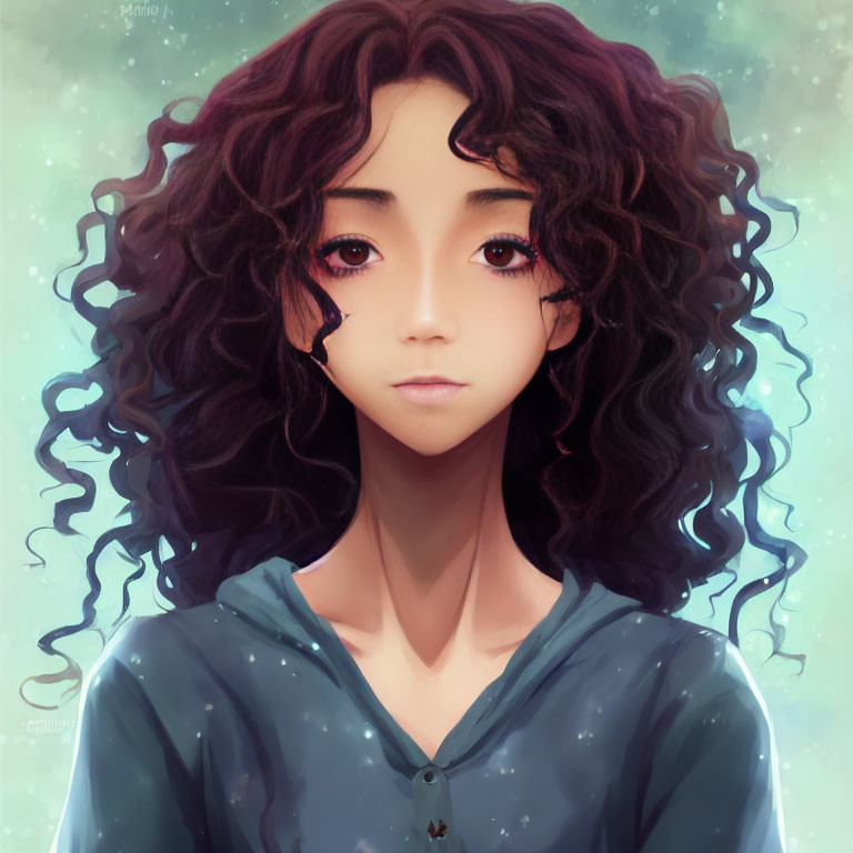 Digital artwork: Girl with curly dark hair, brown eyes, blue hoodie on starry background