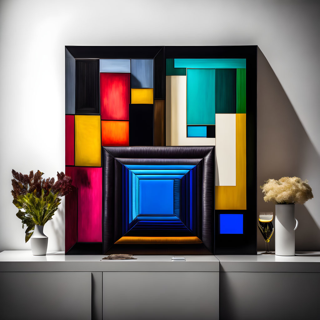 Colorful geometric artwork above gray sideboard with vases and dried plants