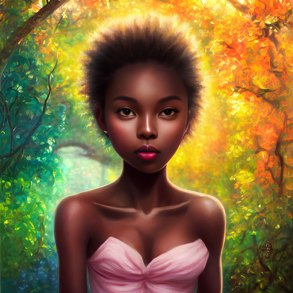 Vibrant Afro Woman Portrait Against Autumn Backdrop