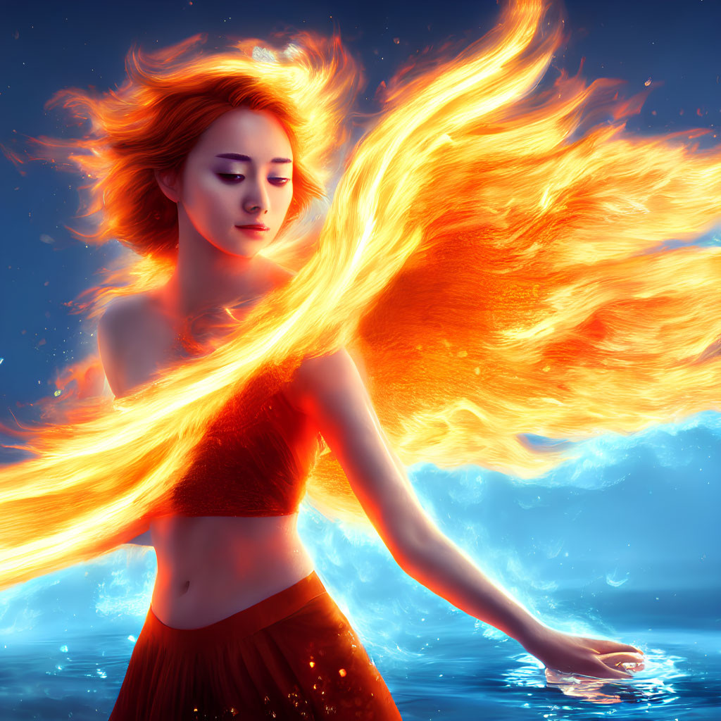 Fiery red-haired woman dancing gracefully by the water's edge