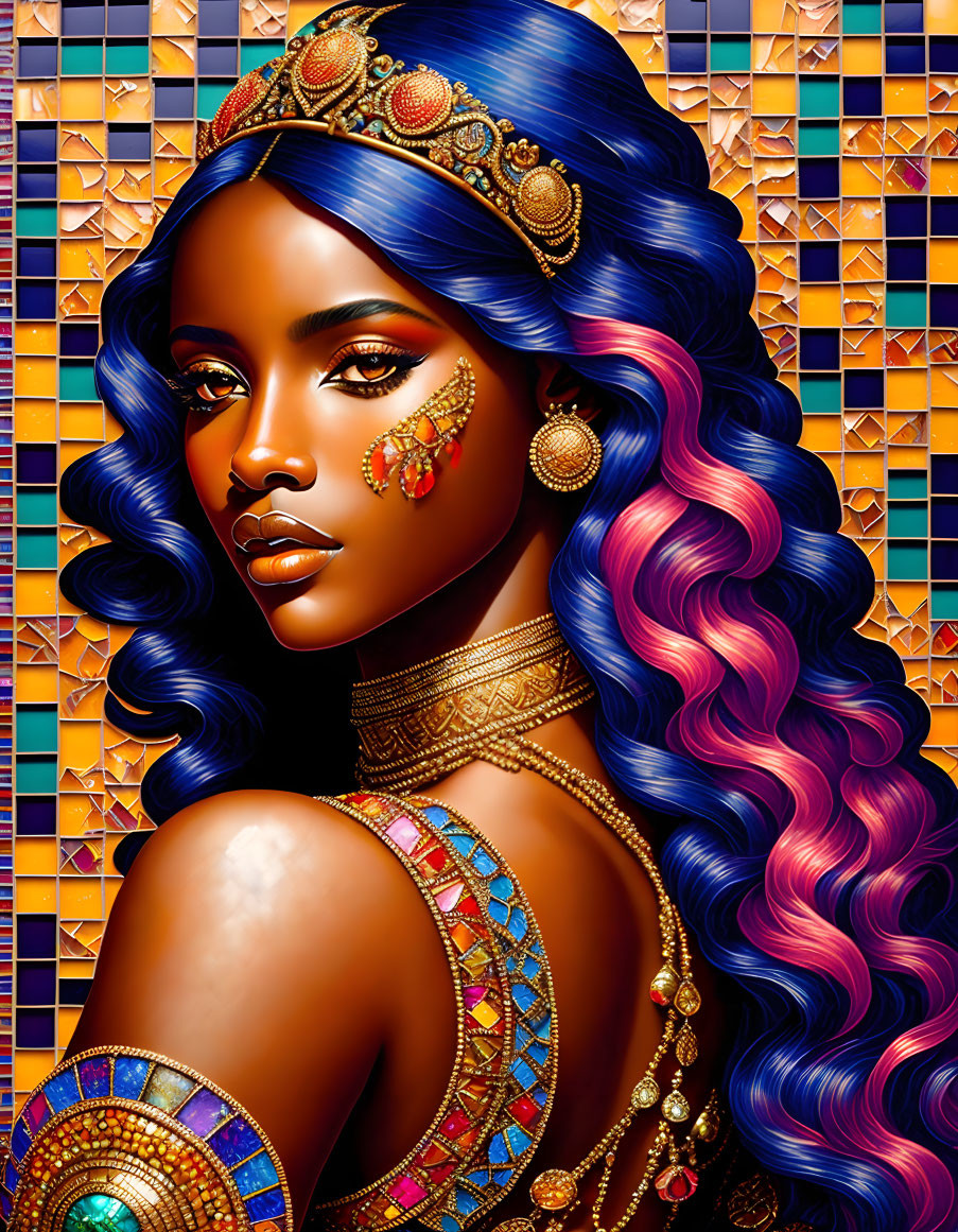 Illustrated portrait of a woman with vibrant blue hair and regal essence