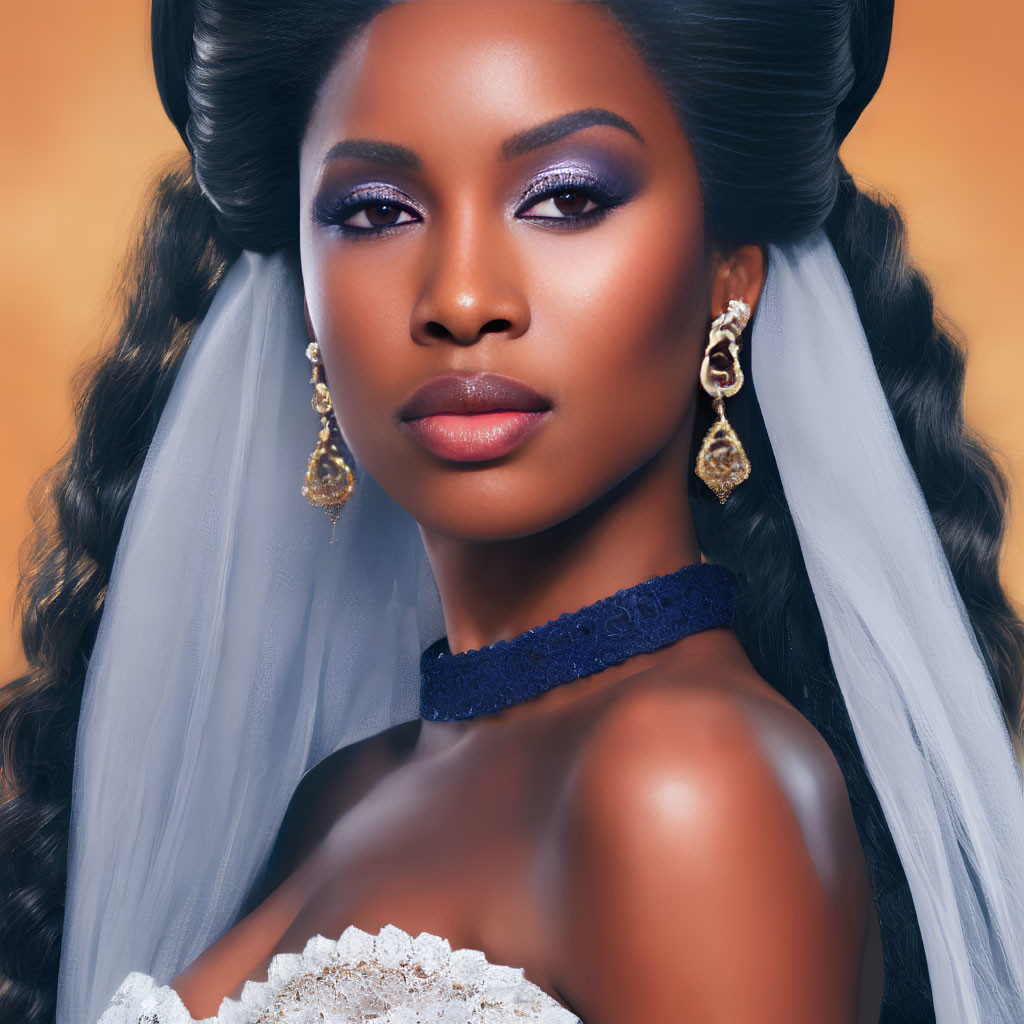 Elaborate hairstyle and blue eyeshadow on woman against orange backdrop