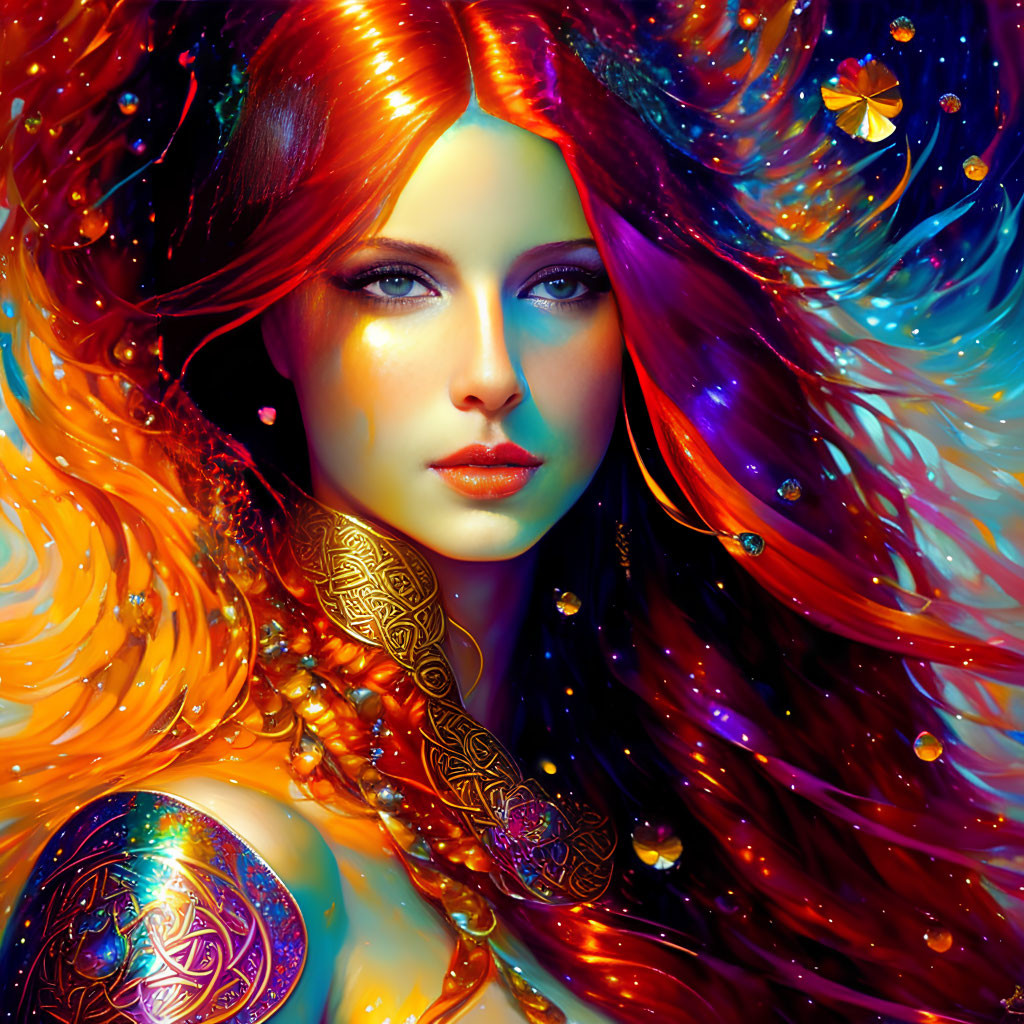 Colorful digital artwork: Woman with red hair, cosmic background, gold jewelry, nature elements