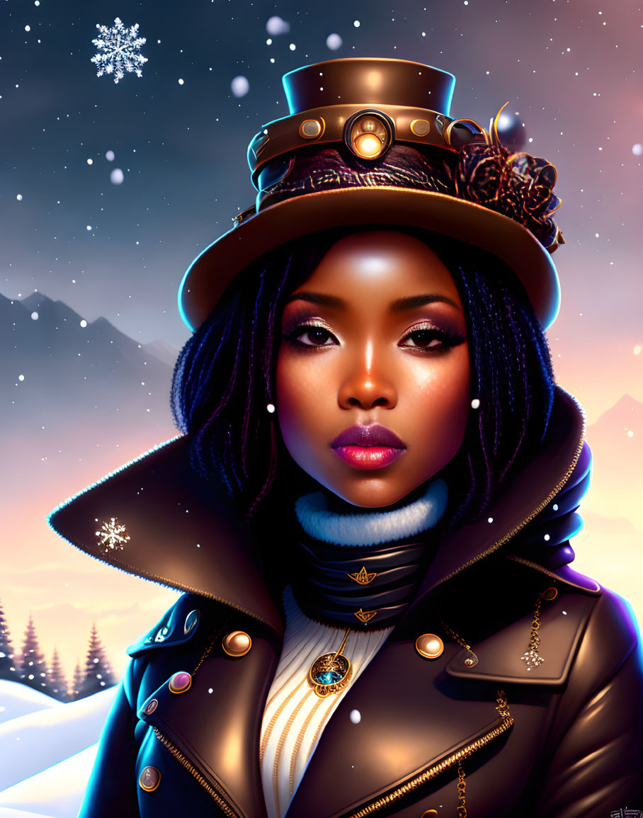 Digital artwork of woman in steampunk attire against snowy twilight landscape