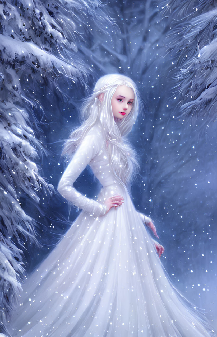 Ethereal figure with long white hair in snowy forest