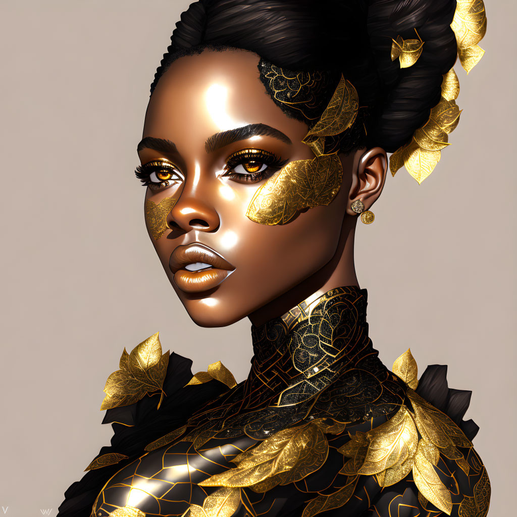 Woman's digital portrait with golden leaf embellishments and elegant updo.