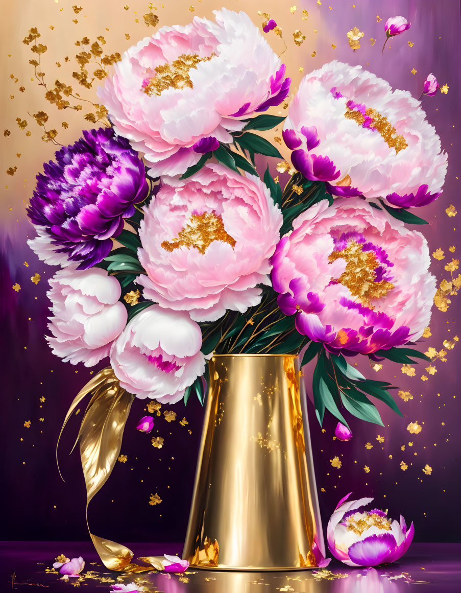 Colorful Oversized Pink and Purple Peonies in Gold Vase on Purple Background