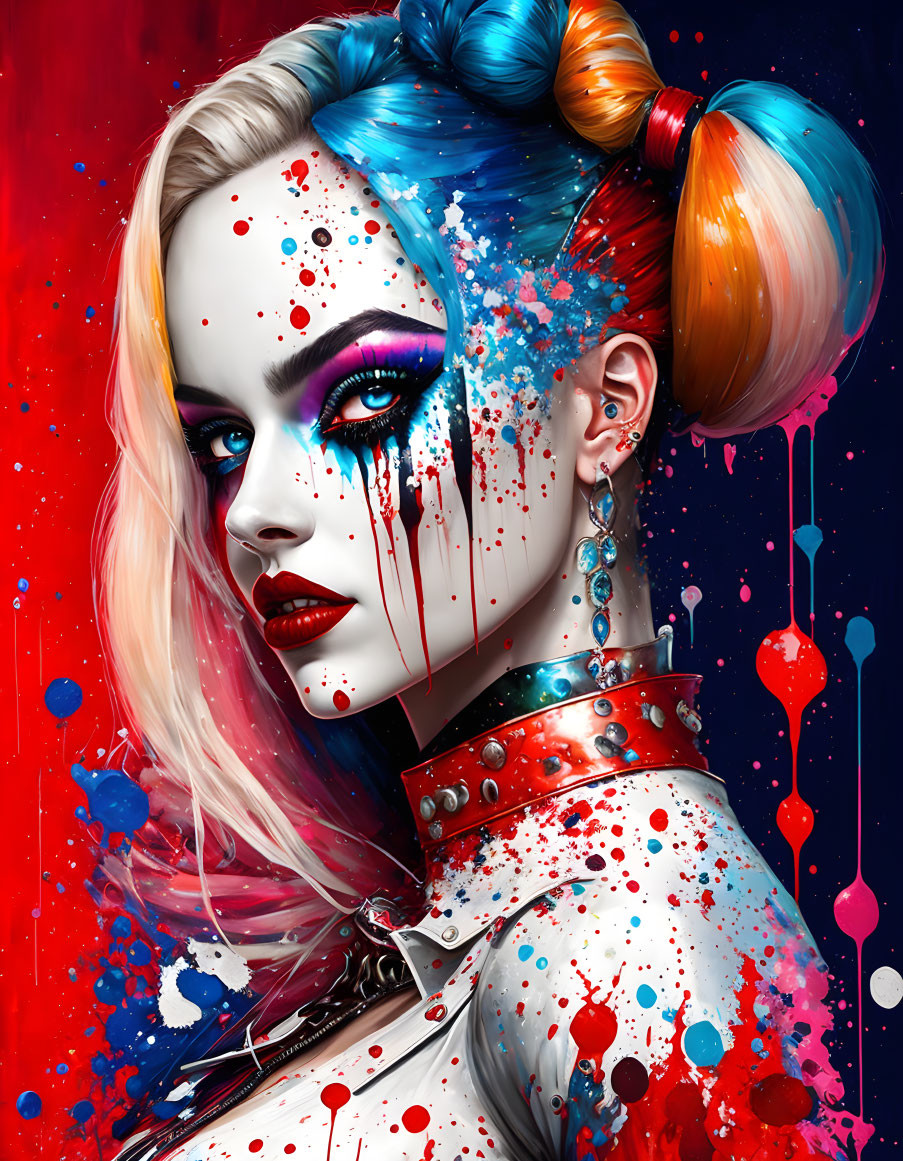 Colorful digital artwork of woman with paint splashes and two-tone hair bun