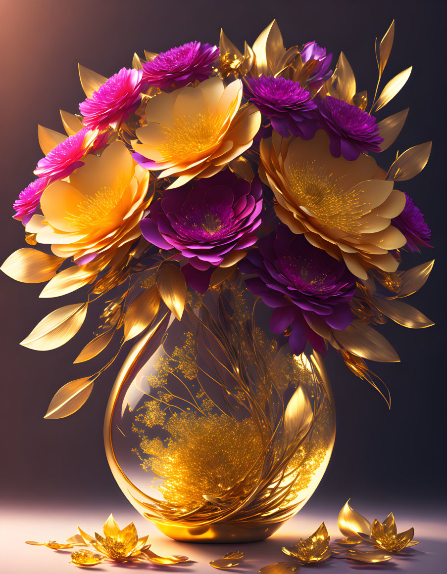 Gold-accented vase with vibrant purple and gold flowers in 3D illustration