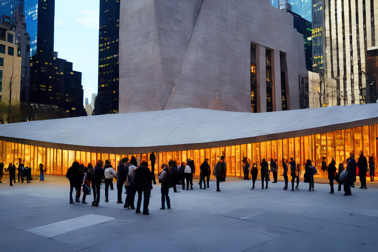 Urban plaza with modern pavilion and glowing orange walls at dusk