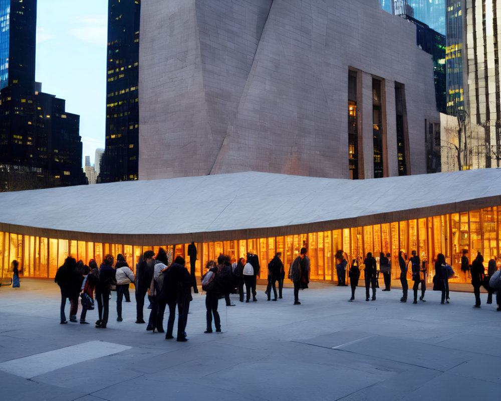 Urban plaza with modern pavilion and glowing orange walls at dusk