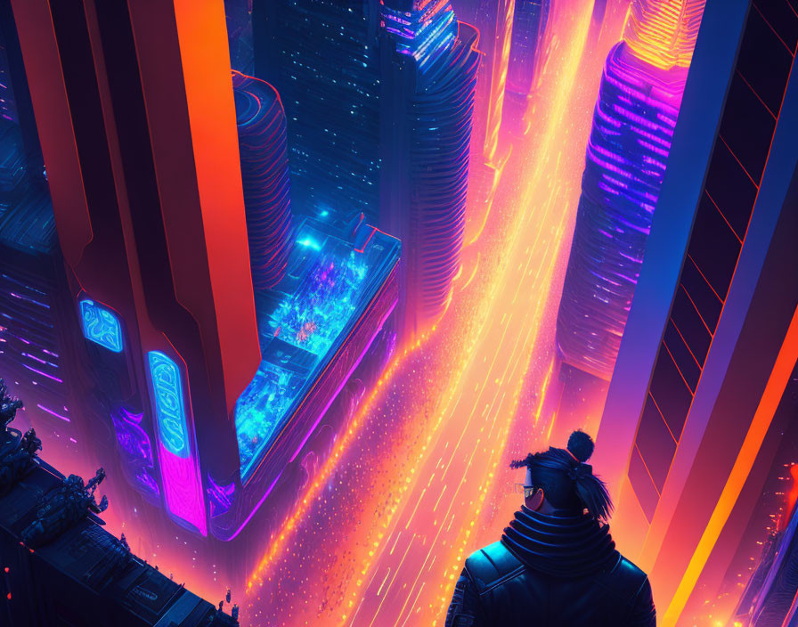 Futuristic cityscape with neon lights and skyscrapers against orange and blue sky