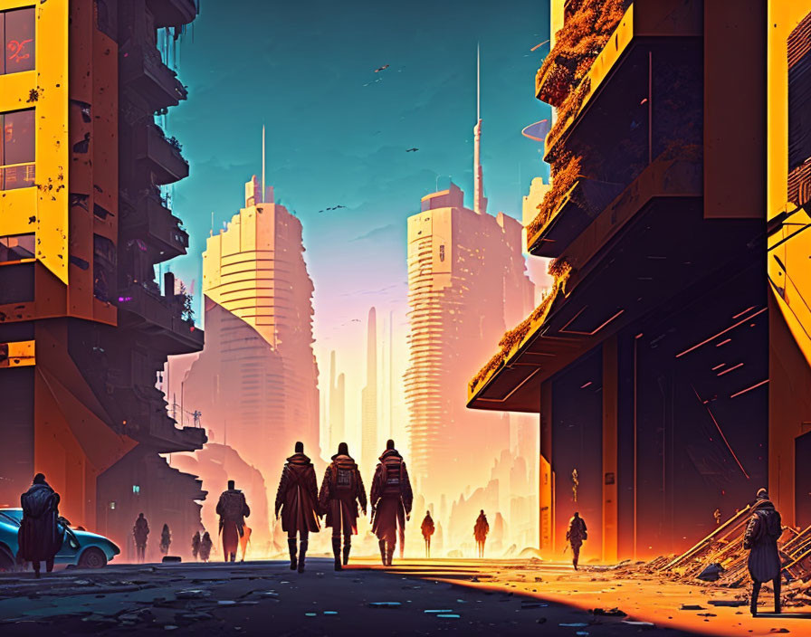 Dystopian cityscape at sunset with futuristic buildings and silhouettes.