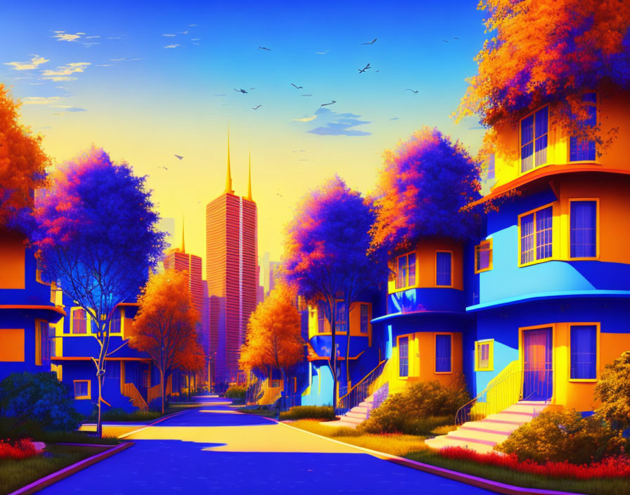 Colorful suburban street illustration with blue houses, orange trees, and city skyline at sunset.