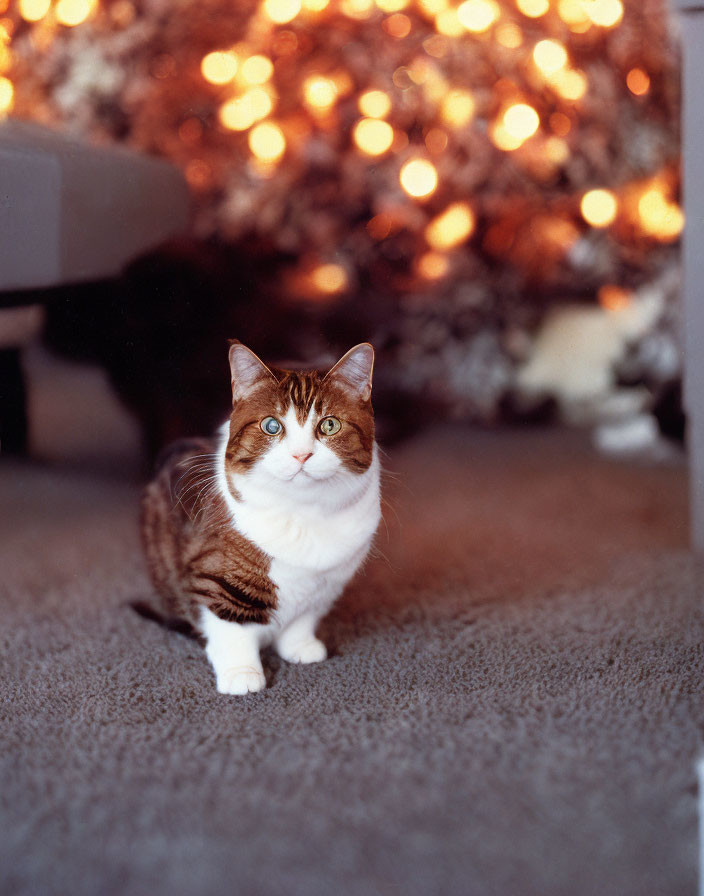 Blue-eyed brown and white cat on carpet with twinkling lights background