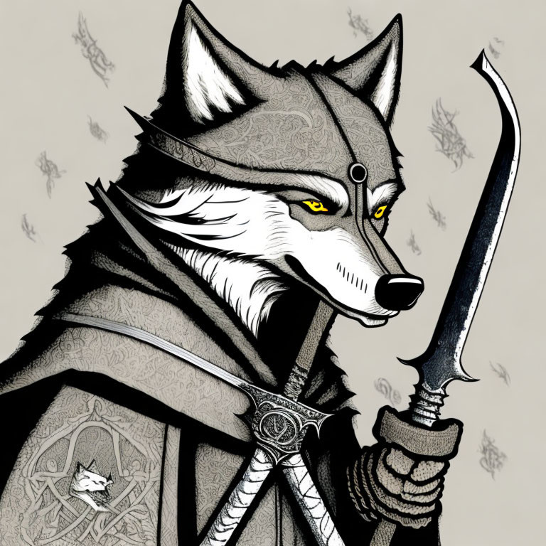 Anthropomorphic wolf in medieval knight attire with sword and wolf-themed armor.