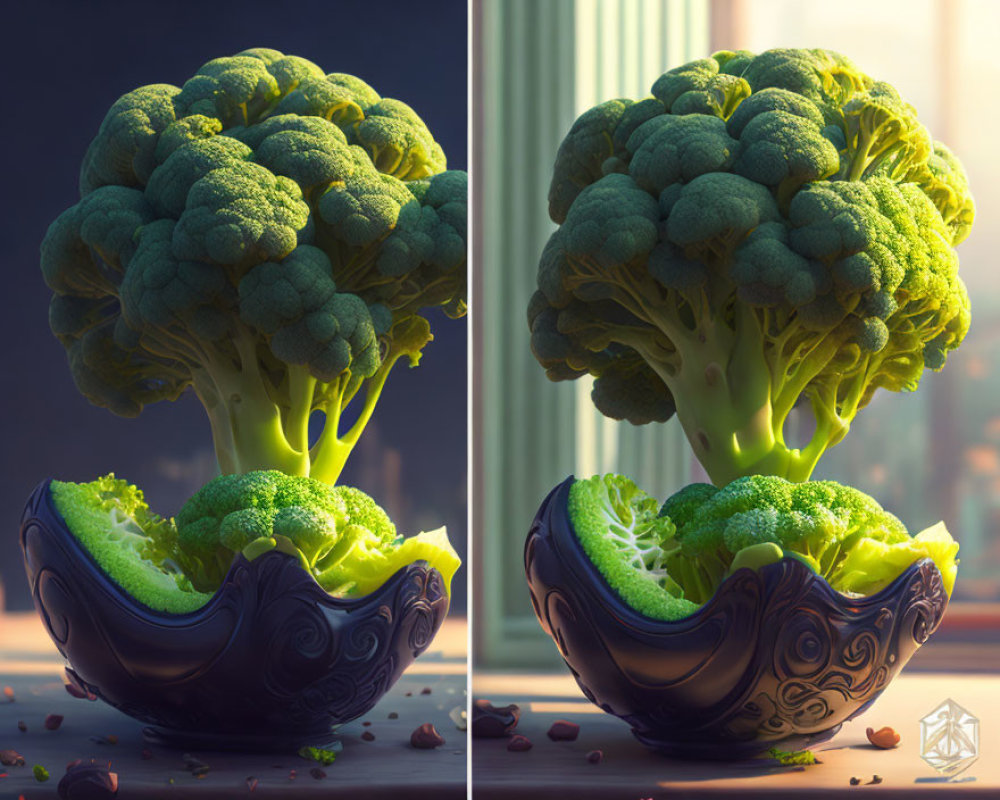 Artistic representation of broccoli tree in decorative bowl