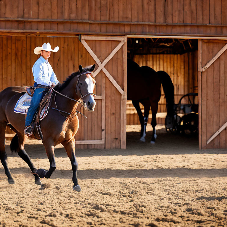 Cowboy in traditional attire riding brown horse out of wooden barn.