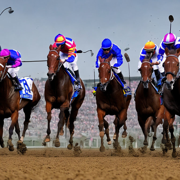 Colorful Attired Jockeys Race Thoroughbred Horses on Dirt Track