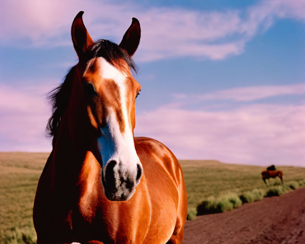 Brown horse with white blaze standing in field under blue sky