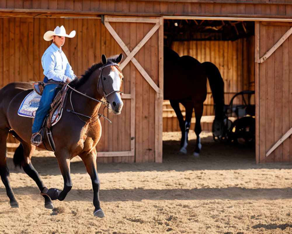 Cowboy in traditional attire riding brown horse out of wooden barn.